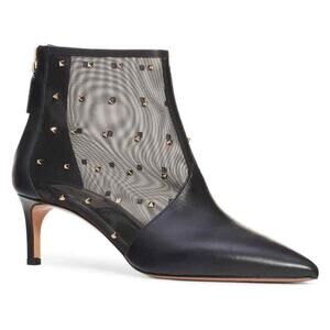 Valentino Rockstud Shining Mesh Black Leather Stud Kitten Heel Ankle Bootie 36.5
